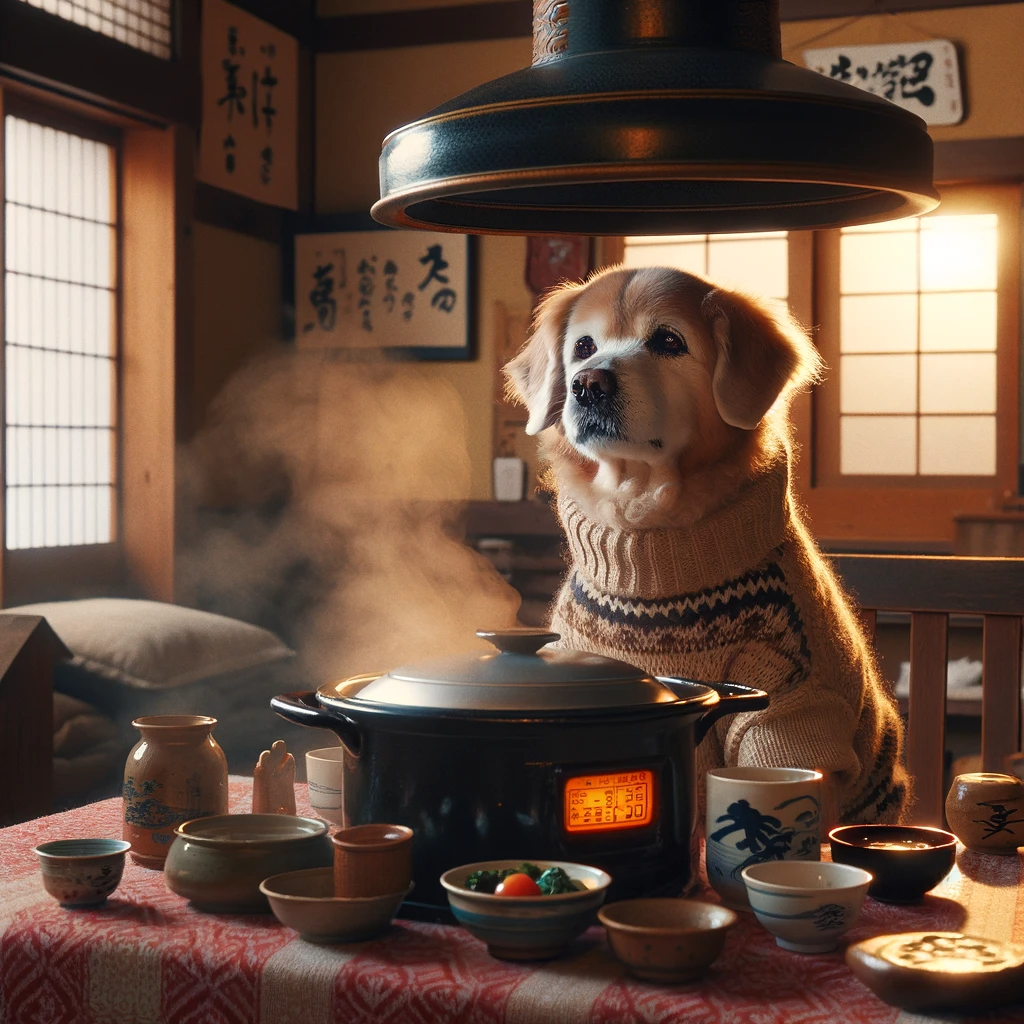 画像に alt 属性が指定されていません。ファイル名: DALL%C2%B7E-2023-12-22-19.39.42-An-elderly-dog-wearing-a-cozy-sweater-enjoying-a-pot-meal-while-sitting-under-a-traditional-Japanese-kotatsu.-The-setting-is-a-warm-homely-interior.png